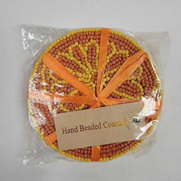 CLOUD9 DESIGN Orange Shaped Yellow Hand Beaded Glass Coasters Set of 4 - Picture 2 of 5